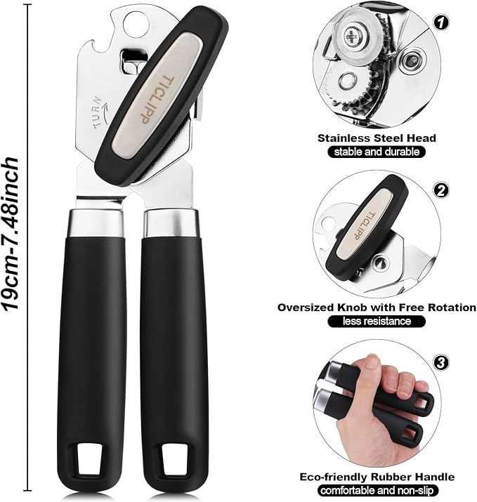 Stainless Steel Manual Rotary Opener, Heavy Duty Ergonomic Arthritis Friendly Handheld Mechanic Tool for Seniors & Arthritic Hands, Black