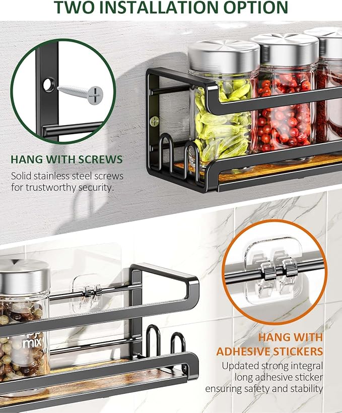 Doakhirmit 4 Pack Wall Mount Spice Rack with 16 Hooks,Hanging Spice Rack Organizer for Stove Cabinet Pantry Door, Screw or Adhesive Wooden Spice Shelf for Kitchen and RV Camper, Black - Image 3
