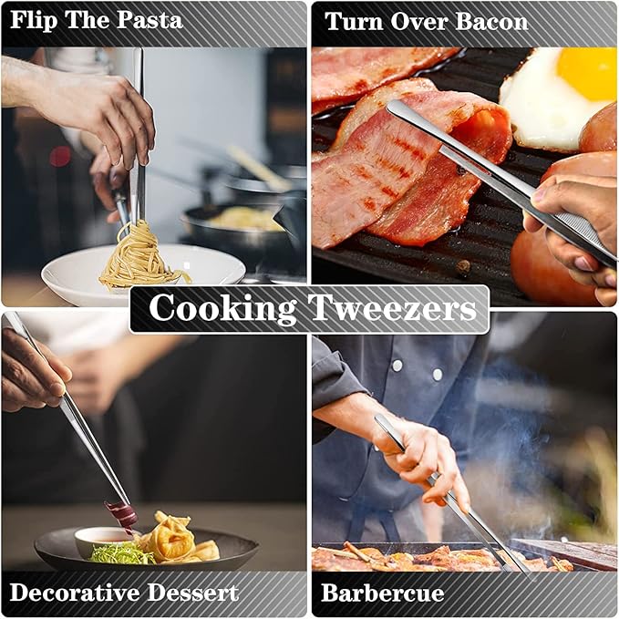 JETKONG 2 Pcs 12-Inch Cooking Tweezers Stainless Steel, Straight Food Tweezers, Professional Kitchen Tweezer/Forceps for Cooking Repairing and BBQ (12-Inch, Silver) - Image 5