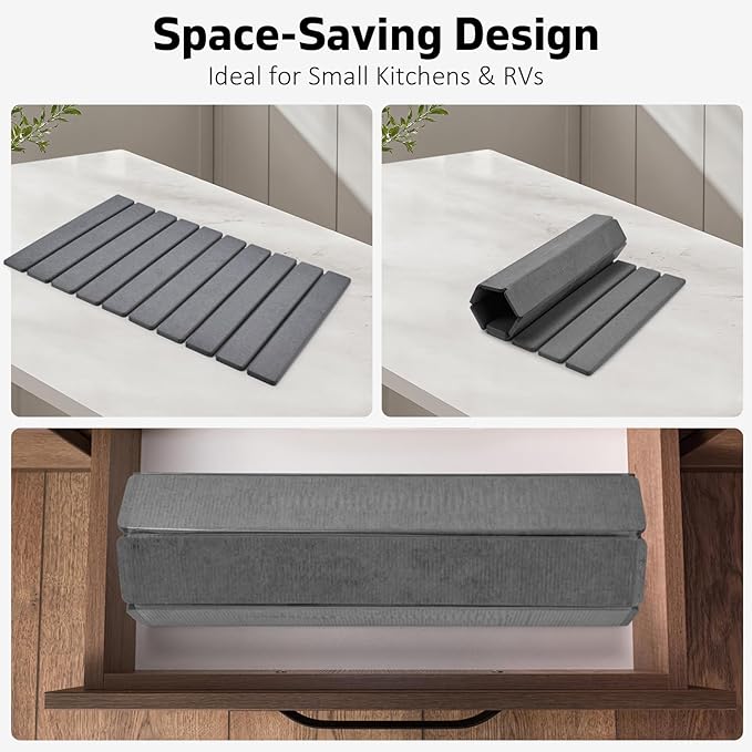 Large Stone Dish Drying Mats for Kitchen Counter, 24"(L)×16"(W), Drying Collapsible Dish Drying Mat, Eco-Friendly Absorbent Diatomaceous Earth Mats for Dishes Bottles Cups - Dark Grey - Image 3