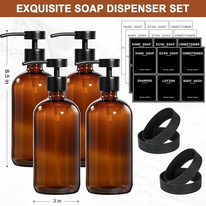 RYTOXILO Amber Glass Soap Dispenser 4 Pack, Hand Soap Dispenser Bathroom with Stainless Steel Pump, 16.9 Fl oz Hand and Dish Soap Dispensers Set Kitchen, Modern Brown Soap Lotion Dispensers Bottle - Image 2
