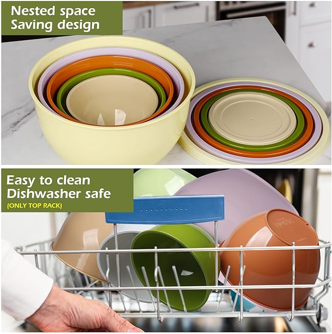 Greentainer Plastic Mixing Bowls with Lids Set for Kitchen, 5 Set Nesting Bowls for Mixing, Baking, Prepping, Cooking and Serving Food, Mixing Bowls Dishwasher, Microwave Safe - Image 5