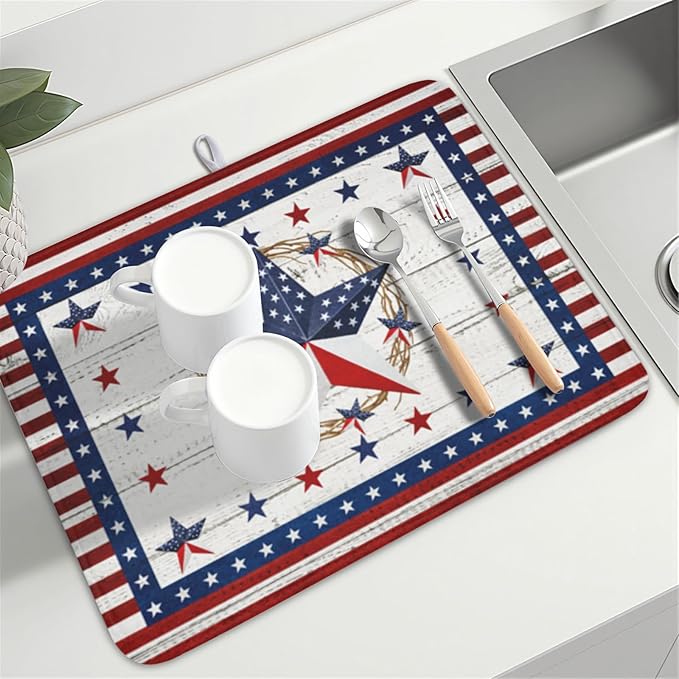 4th of July Patriotic Dish Drying Mat for Kitchen Counter Vintage Red and Blue Star Microfiber Dish Drainer Mat Country Absorbent Washable Drying Pad Extra Large 18"x24"