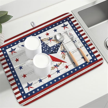 4th of July Patriotic Dish Drying Mat for Kitchen Counter Vintage Red and Blue Star Microfiber Dish Drainer Mat Country Absorbent Washable Drying Pad Extra Large 18"x24"