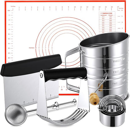 10 Pcs Stainless Steel Pastry Biscuit Cutter Set Include 3 Cup Flour Sifter Biscuit Cutter Pastry Scraper Dough Scraper Silicone Baking Mat Fine Mesh Strainer for Cooking Cookies Donuts Cake by Unknown