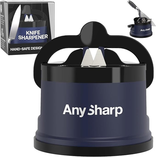 AnySharp – Editions – Hands Free Knife Sharpener - Easy to Use Sharpening Tool with PowerGrip Suction Base and 20-Degree Pre-Set Angle - for All Knives: Chef's, Serrated, and Hardened Steel - Navy by AnySharp