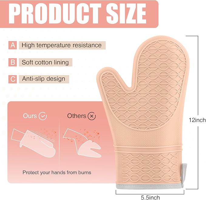 Silicone Oven Mitts, Heat Resistant 2PCS Oven Mitts with Soft Cotton Lining, Waterproof Non-Slip Grip Oven Glove, Kitchen Potholder Mits for BBQ, Baking, Cooking, 12.5 Inch - Pink - Image 2