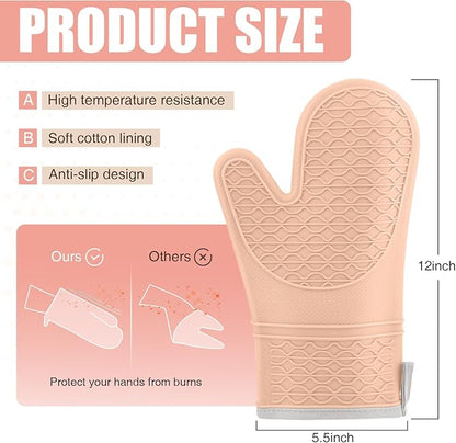 Silicone Oven Mitts, Heat Resistant 2PCS Oven Mitts with Soft Cotton Lining, Waterproof Non-Slip Grip Oven Glove, Kitchen Potholder Mits for BBQ, Baking, Cooking, 12.5 Inch - Pink - Image 2