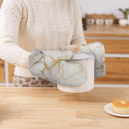 Oven Mitts and Pot Holders Marble Gray Gold White Silicone Kitchen Accessories Set of 4 Heat Resistant Long Gloves Potholder Non-Slip Grip for Chef Cooking Baking Grilling BBQ