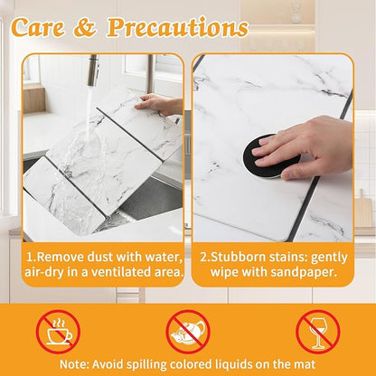 Stone Dish Drying Mat for Kitchen Counter, 24''×15'' Dishes Drying Matt Kitchen Counter, Absorbent Diatomaceous Earth Bath Quick Dry Mats for Tableware, Bottles and Cup (White Marble) - Image 3