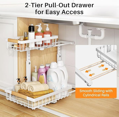 PXRACK Under Sink Organizer, Adjustable Height, 2 Tier Pull Out Under Cabinet Organizer, Slide Out Thickened Metal Under Sink Storage for Kitchen Bathroom Laundry Pantry Cabinet, White, Large-2-Pack - Image 3