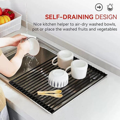 MERRYBOX Roll Up Dish Drying Rack, Silicone Wrapped Over The Sink Dish Rack Foldable Dish Drainer Anti-Slip Dish Racks for Kitchen Counter, Multipurpose Kitchen Sink Drying Rack, 18" x 13", Black - Image 7