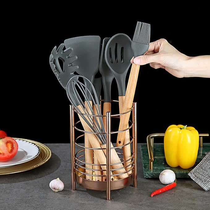 Copper Kitchen Utensil Holder for Kitchen Counter, Stainless Steel Utensil Crocks, Titanium Coating Utensil Storage Caddy Organizer, Cooking Utensil Holder, Easy Cleaning (Rose Gold/7.4''x5.2'') - Image 5