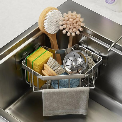 Corner Sink Organizer, Silver Stainless Steel Sponge Holder with Towel Bar, Self-Adhesive Kitchen Storage Rack