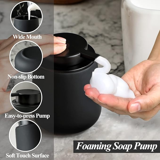 Bosilunlife Ceramic Foaming Soap Dispenser - 12Oz Bathroom Countertop Kitchen Dish Soap Pump Dispenser Foam Soap Dispenser - Rubber Paint Black