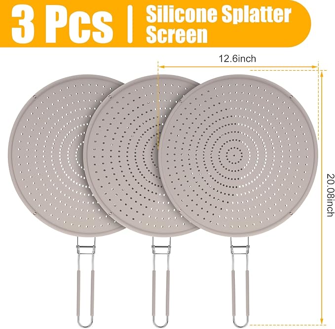 Tioncy 3 Pcs Silicone Splatter Screen for Frying Pan Grease Oil Splatter Collapsible Splash Guard Heat Resistant Multi Use for Baking and Cooking(Gray) - Image 4