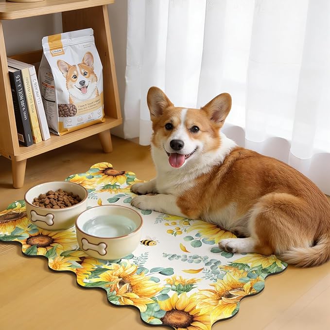 LOKHOM Scalloped Floral Dish Drying Mat, 12"x20" Super Absorbent Coffee Mat with Watercolor Yellow Sunflowers, Cuttable Hide Stain Non-slip Drying Mat for Kitchen Counter Coffee Maker Espresso Machine - Image 5