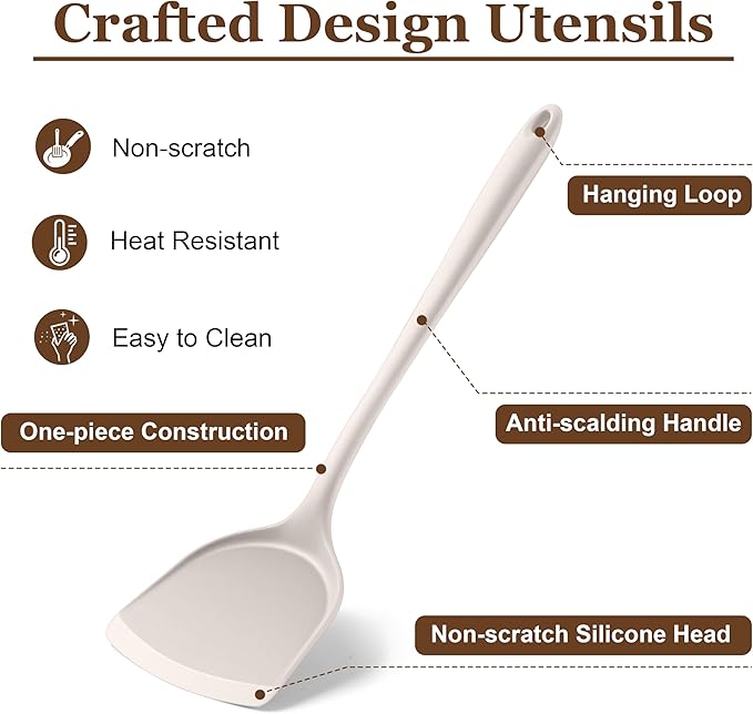 LIANYU 8Pcs Kitchen Cooking Utensils Set, Silicone Cooking Utensil Set, Heat Resistant Kitchen Tools for Nonstick Cookware, Includes Silicone Spatula, Spoon, Ladle, Turner, Dishwasher Safe, Khaki - Image 4