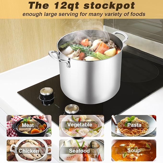 TeamFar 12 Quart Stock Pot, 18/10 Stainless Steel Large Cooking Soup Pot with Lid for Simmering/Stewing, for Induction/Gas/Ceramic, Healthy & Heavy-Duty, Riveted Handles & Dishwasher Safe - Image 5
