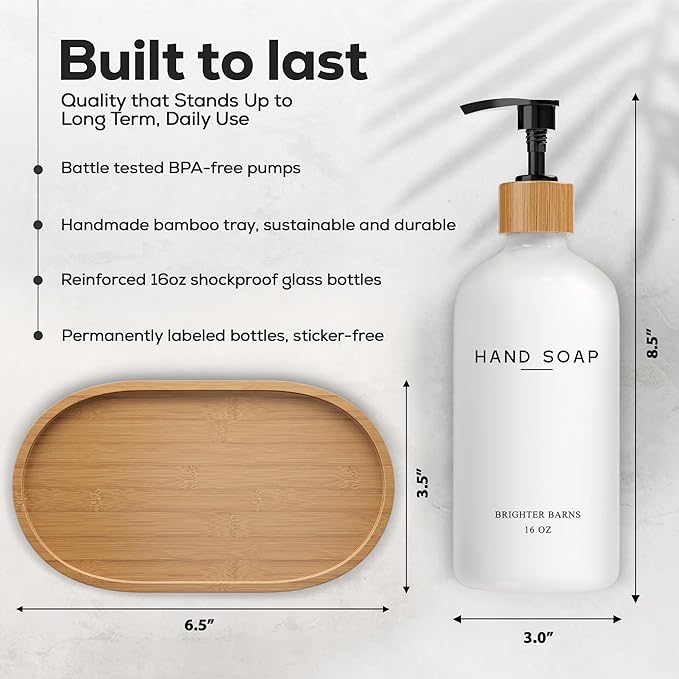 Luxury Glass Hand and Dish Soap Dispenser Set by Brighter Barns - Kitchen Soap Dispenser Set with Tray - Bamboo Pump Bottle for Kitchen Sink - Boho Home Decor, Modern Decor in Restaurant (Black/White) - Image 3
