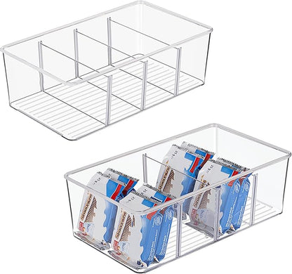 Vtopmart 2 Pack Food Storage Organizer Bins, Clear Plastic Bins for Pantry, Kitchen, Fridge, Cabinet Organization and Storage, 4 Compartment Holder Packets, Snacks, Pouches, Spice Packets by Vtopmart