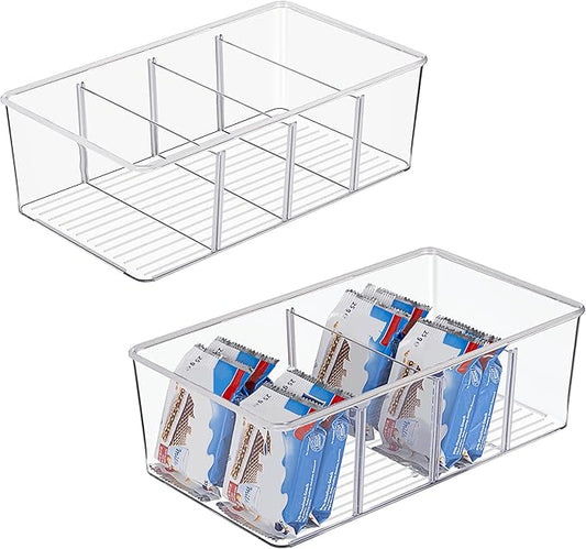 Vtopmart 2 Pack Food Storage Organizer Bins, Clear Plastic Bins for Pantry, Kitchen, Fridge, Cabinet Organization and Storage, 4 Compartment Holder Packets, Snacks, Pouches, Spice Packets by Vtopmart