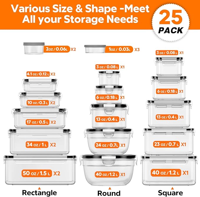 50 PCS Food Storage Containers with Lids (25 Containers & 25 Lids) - Reusable Plastic Food Containers for Kitchen Storage and Organization BPA-Free Leakproof Meal Prep Container with Labels & Pen - Image 2