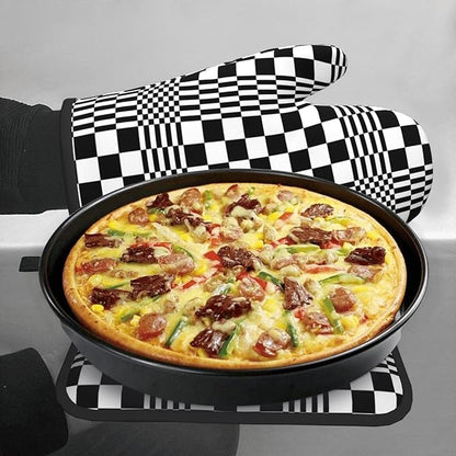 Black and White Optical Illusion Checkered Oven Mitt & Pot Holder Set (3-Piece) - Heat Resistant Non-Slip Kitchen Gloves Gift for Cooking Enthusiasts, Modern Kitchen Decor for Baking Grilling, Black - Image 4