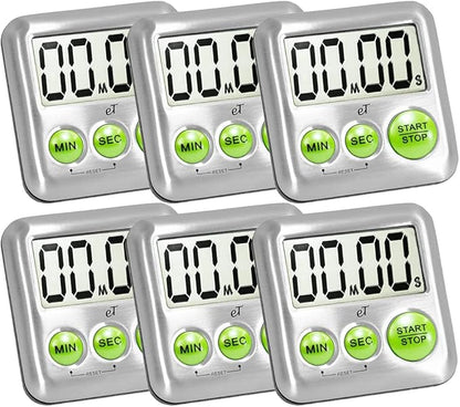 Elegant Digital Kitchen Timer Stainless Steel - Lime - Strong Magnetic Back - Kickstand - Loud Alarm - Large Display - Auto Memory - Auto Shut-Off - Model eT-25 (Lime 6-Pack) by eTradewinds by eTradewinds