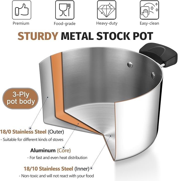 8 Quart 3-Ply Cooking Stock Pot with Lid, P&P CHEF Stainless Steel Large Pot for Pasta Soup, Work on Multi Stove, Heavy Duty & Dishwasher Safe, Dual Heat-resistant Handles & Transparent Glass Lid - Image 4
