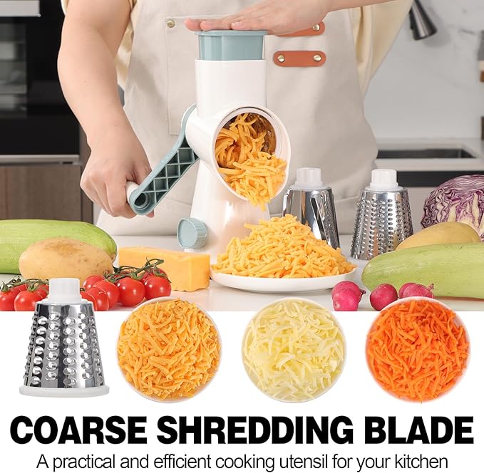 Cheese Grater Cheese Shredder with 3 Interchangeable Blades, Rotary Cheese Grater Manual Vegetable Slicer with Non-slip Suction Base Peanut Nuts Grinder Vegetable Shredder White - Image 2