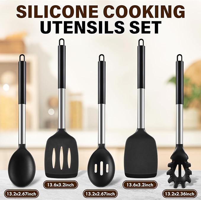 5Pcs Silicone Cooking Utensils Set, Heat Resistant Kitchen Tools Include Solid&Slotted Spatula, Cooking Spoon and Pasta Server, Silicone Kitchen Utensils set for Nonstick Cookware Flipping, Black - Image 2