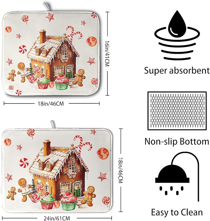 Christmas Gingerbread Man Drying Mat for Kitchen Counter Winter Cute Gingerbread House Candy Cane Cookies Dish Drying Mats Xmas Holiday Dish Drainer Mats Absorbent Reversible Drying Pad 18x24 Inch - Image 2