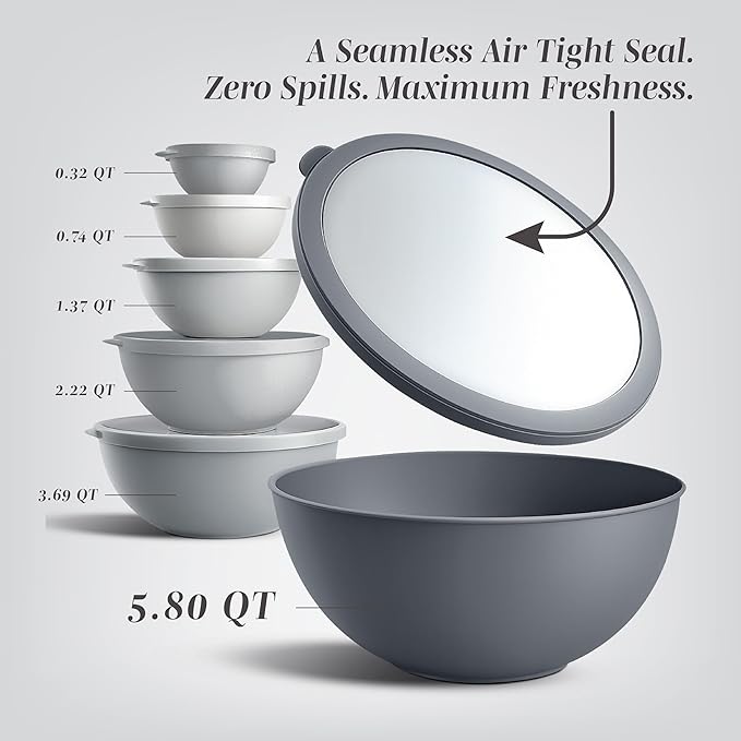 COOK WITH COLOR Mixing Bowls Set with TPR Lids - 12 Piece Plastic Nesting Bowls Set includes 6 Prep Bowls and 6 Lids, Microwave Safe (Grey) - Image 2
