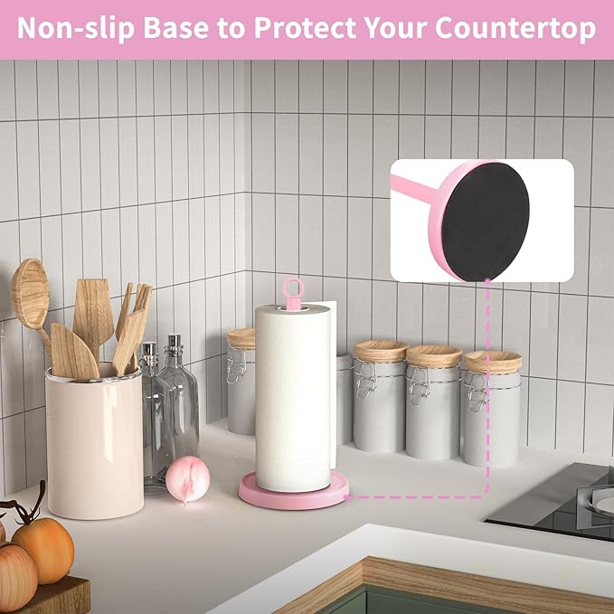 Pink Paper Towel Holder Countertop, Pink Kitchen Accessories Decor, Stainless Steel, Paper Towel Stand Holder for Bathroom Farmhouse Essentials with Weighted Base - Image 4
