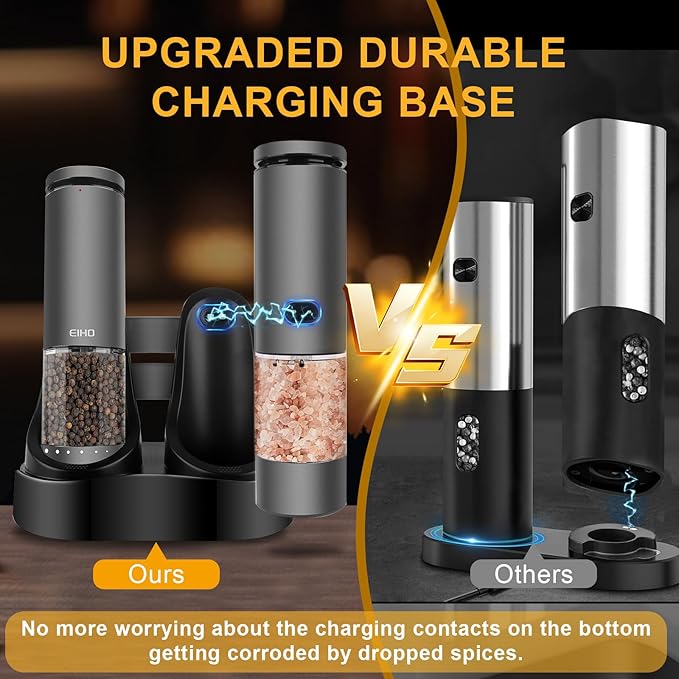 EIHO Electric Salt and Pepper Grinder Set USB Rechargeable, Upgraded External Adjustable Coarseness, Aluminum Alloy Automatic Salt and Pepper Shakers Mills with LED Light, House Warming Cooking Gifts - Image 4