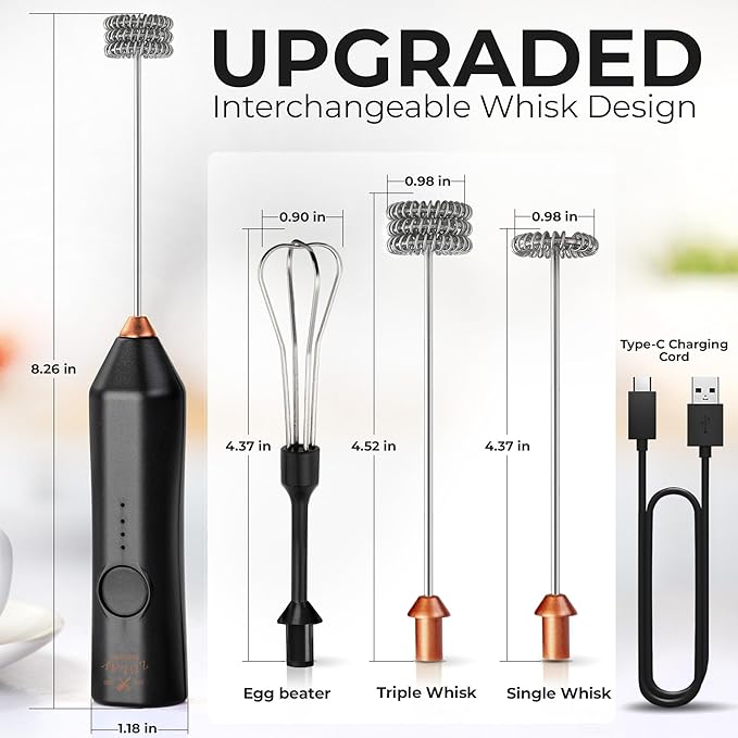 Zulay Kitchen Rechargeable Milk Frother - Dynamic - 3 Speeds, 3 Whisk Attachments, 500 mAh USB Charging, Drink Mixer For Latte, Cappuccino, Matcha, Protein Powder, Coffee Foam - Black Copper - Image 5