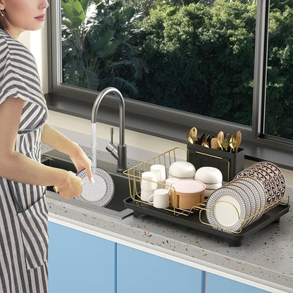 Buruis Dish Drying Rack for Kitchen Countertop, Large Capacity Gold Stainless Steel Dish Drainer with Anti-Slip Rubber Feet, Removable Drain Board and Utensil Holder (Black Tray) - Image 9