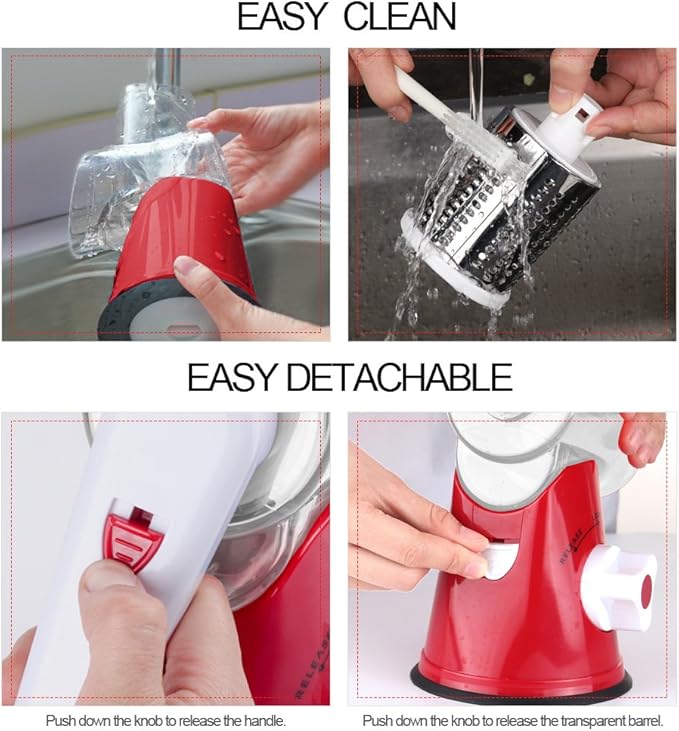 Ourokhome Rotary Cheese Grater Hand Crank, Kitchen Shredder Speed Mandolin Slicer Nut Grinder with Handle and Drum Blades for Cheese, Vegetable, Walnut, Chocolate, Potato, Carrot, 3 Blades, Red - Image 6