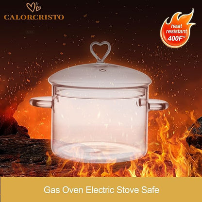 2 L Glass Cooking Pot with Lid, Simmer Pot for Stove Potpourri, Save Energy, Heat Resistant, for Water-based Recipes. Heart Shape Lid, Clear,2000ml(68oz)