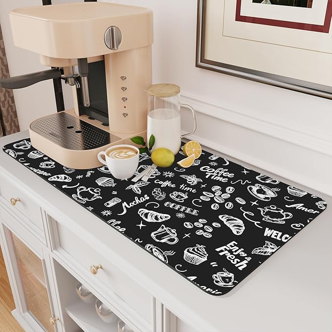 AMOAMI Coffee Mat Hide Stain Rubber Backed Absorbent Dish Drying Mat for Kitchen Counter - Fits Under Coffee Maker & Machine (17x31.5, Ink) by AMOAMI