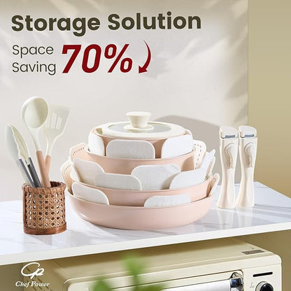 Chef Power Ceramic Nonstick Pots and Pans Set 19 Piece with Detachable Handle, Induction Dishwasher Oven Safe Cookware Set, RV Kitchen Set Removable Handle (Light Pink)