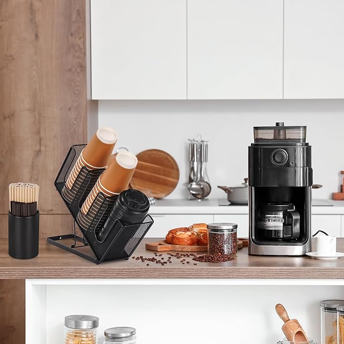 Paper Cup and Lid Holder with Straw Organizer for Countertop Coffee Station Bar Restaurant Breakroom, Metal Midsize Disposable Coffee Cup Dispenser for Plastic Cup Lid Straw, Black