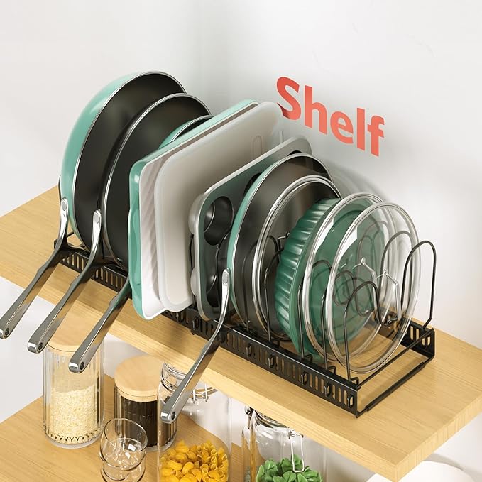 ORDORA Pots and Pans Organizer Under Cabinet, Expandable 11.8"-22.8" Pot Lid Holder with 14 Adjustable Dividers, Pan Organizers inside Cabinet for Kitchen Cookware Bakeware, Black - Image 9