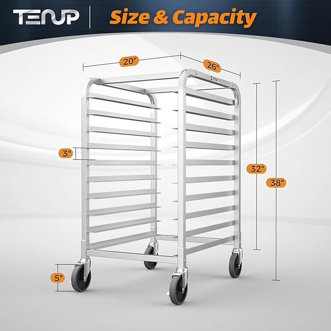 TenUp 10-Tier NSF Aluminum Sheet Pan Rack, Commercial Bakery Cooling & Storage Cart with Wheels, Heavy-Duty Bun Rack – 26" L x 20" W x 38" H - Image 2