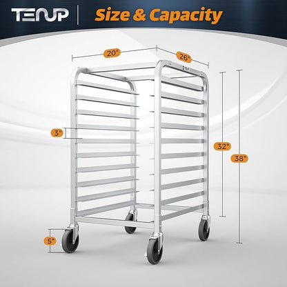 TenUp 10-Tier NSF Aluminum Sheet Pan Rack, Commercial Bakery Cooling & Storage Cart with Wheels, Heavy-Duty Bun Rack – 26" L x 20" W x 38" H - Image 2