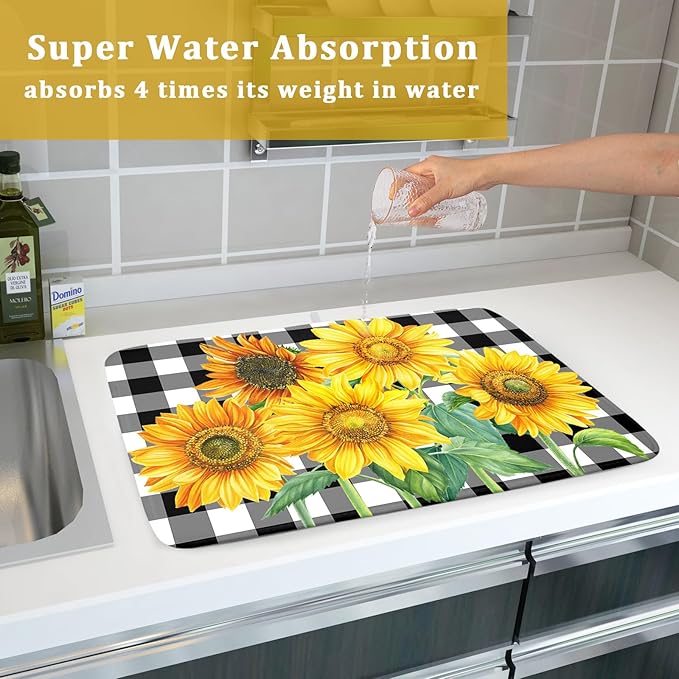 Sunflower Dish Drying Mat for Kitchen Counter Watercolor Black White Plaid Microfiber Absorbent Dish Draining Reusable Washable Foldable Extra Large 18"x24" - Image 7