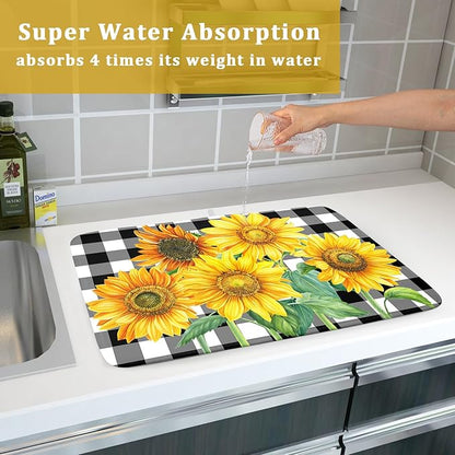 Sunflower Dish Drying Mat for Kitchen Counter Watercolor Black White Plaid Microfiber Absorbent Dish Draining Reusable Washable Foldable Extra Large 18"x24" - Image 7