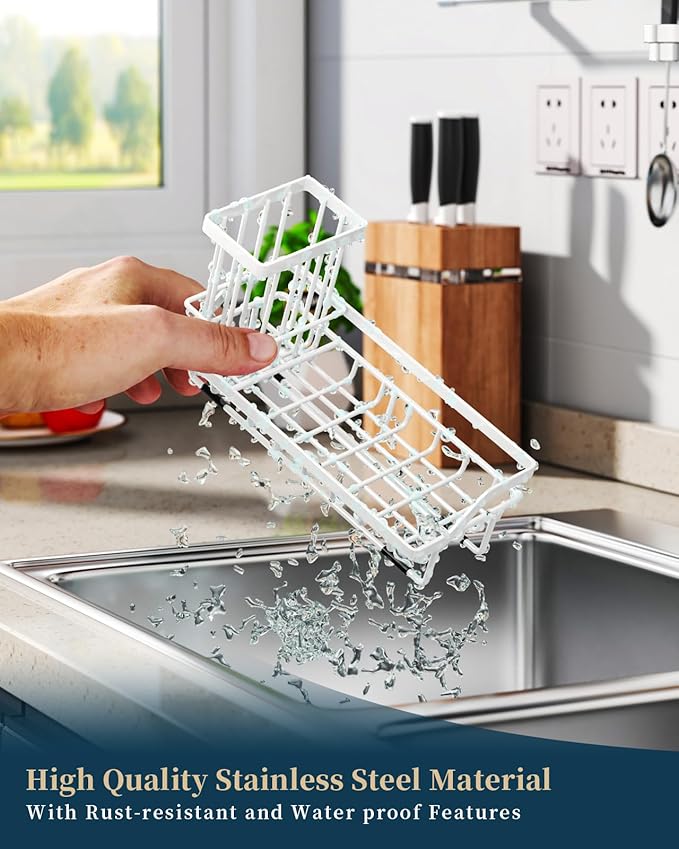 Consumest Sponge Holder for Kitchen Sink - Sink Caddy Organizer with Removable Drip Tray for Countertop Dish Soap Dispenser Brush Storage Kitchen Accessories 304 Stainless Steel, White - Image 5