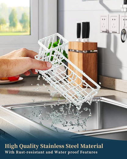 Consumest Sponge Holder for Kitchen Sink - Sink Caddy Organizer with Removable Drip Tray for Countertop Dish Soap Dispenser Brush Storage Kitchen Accessories 304 Stainless Steel, White - Image 5